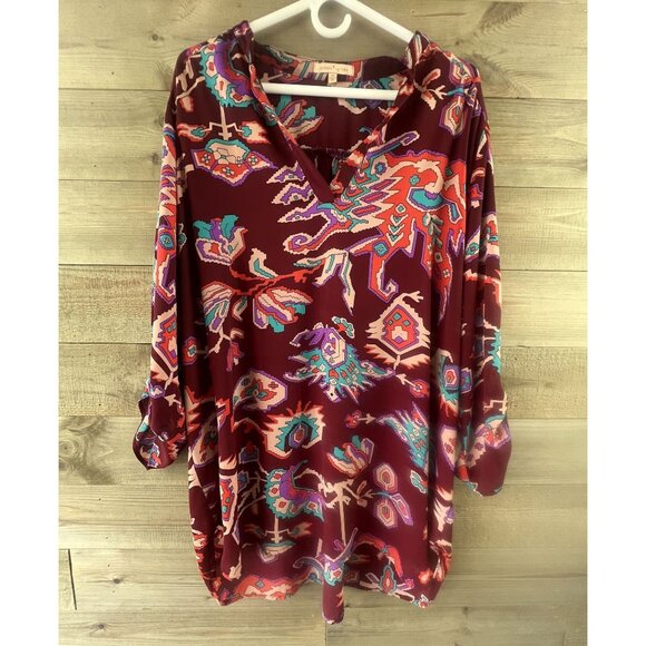Gibson Latimer Womens Tunic 3/4 Sleeve Blouse Aztec Floral Vneck Sheer Size 2X - Picture 1 of 8